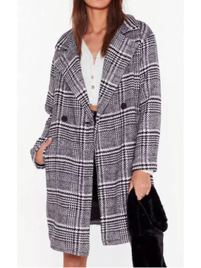 Nasty Gal Collection L Black White Plaid Double Breasted Coat Oversized Longline